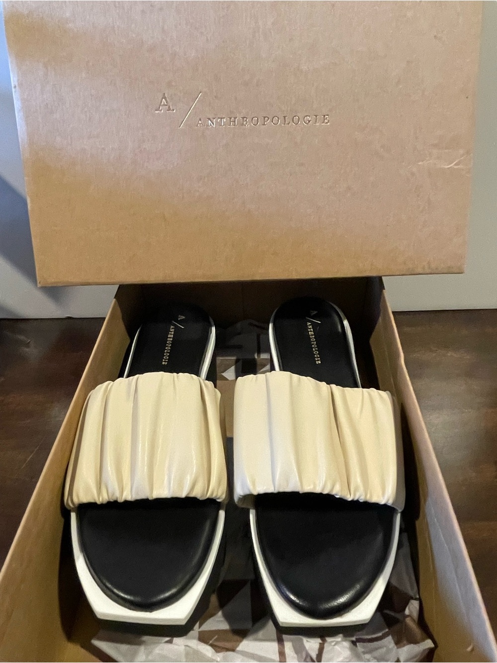 Anthropologie Cream Ruched Slide Sandals with Black Footbed